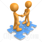 Two Orange People Shaking Hands While Standing On Connected Blue Puzzle Pieces, Symbolizing Teamwork, Deals, And Link Exchanges For Seo Website Marketing Clipart Illustration Graphic